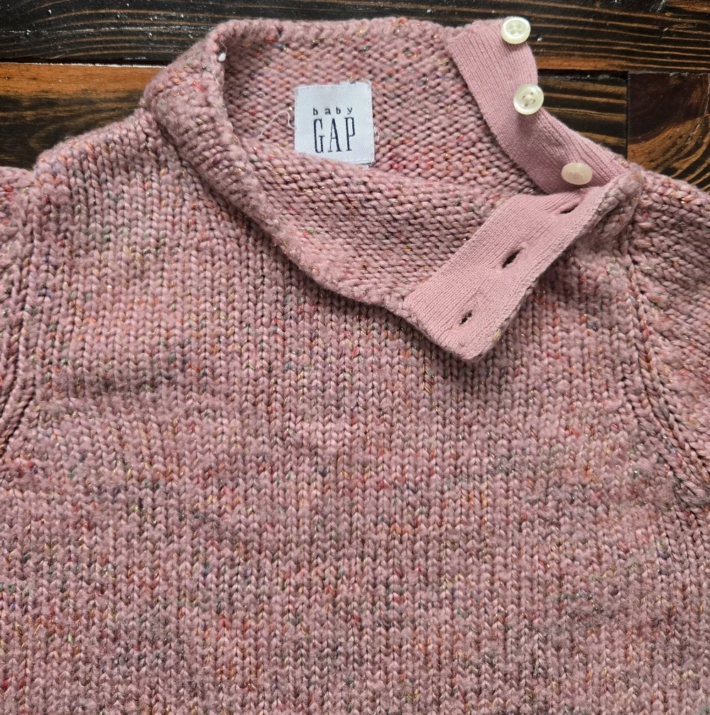 Baby Gap 12-18M Pink Marled Knit Sweater Mock Neck Button Shoulder Confetti Top